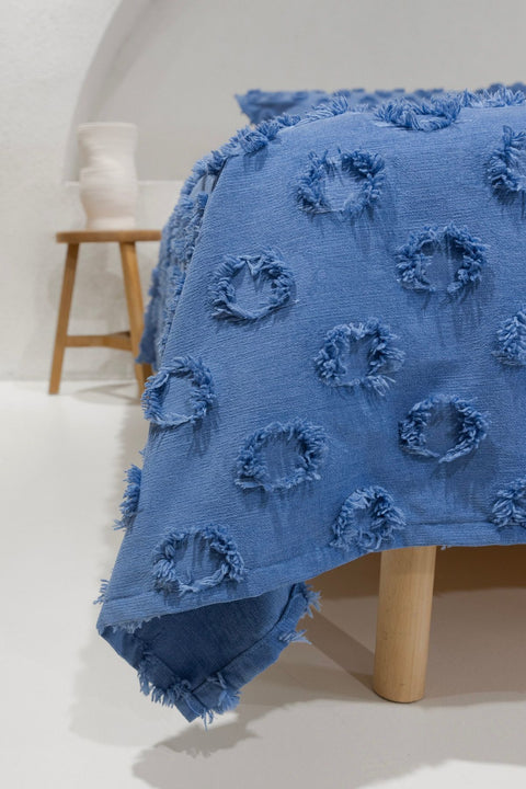 Koza Home Sitra Navy Blue Double Tasseled Bedspread 230x250 2 Pillow 50x70 5034 230 x 250