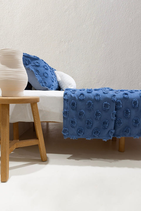 Koza Home Sitra Navy Blue Double Tasseled Bedspread 230x250 2 Pillow 50x70 5034 230 x 250