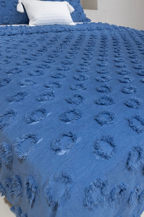 Koza Home Sitra Navy Blue Double Tasseled Bedspread 230x250 2 Pillow 50x70 5034 230 x 250