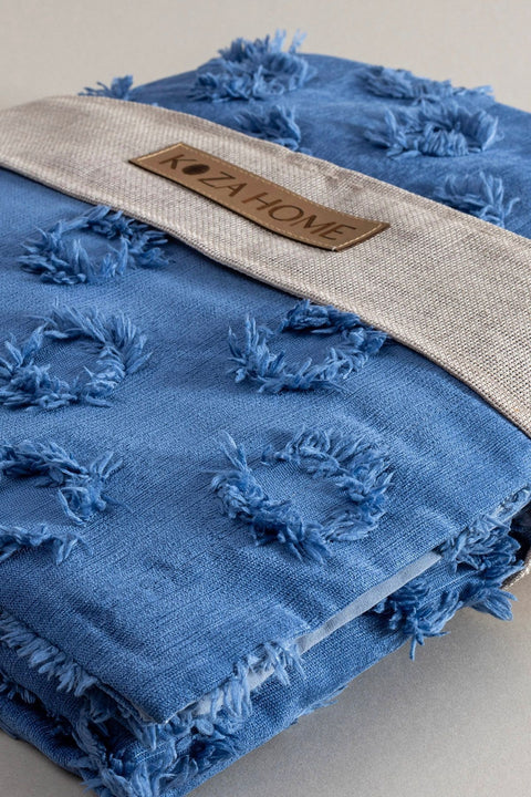 Koza Home Sitra Navy Blue Double Tasseled Bedspread 230x250 2 Pillow 50x70 5034 230 x 250