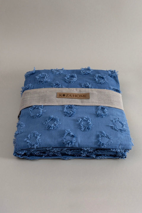 Koza Home Sitra Navy Blue Double Tasseled Bedspread 230x250 2 Pillow 50x70 5034 230 x 250