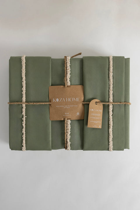 Koza Home Boho Fringed Green Duvet Cover Set Double 200 x 220 7030A 200 x 220