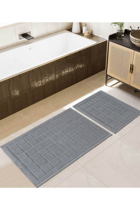 Koza Home Medea Gray 2-Piece Cotton Square Patterned Bathroom Mat Set 60x100 60x50 8596 60 x 100-60 x 50