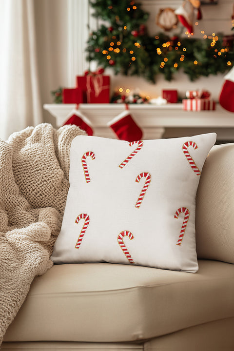 Koza Home Charm Candy Cane Embroidered Cream Cushion 45X45 35255A 45 x 45