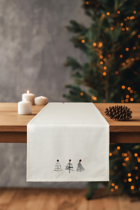 Koza Home Charm Special Pine Tree Embroidered Cream Runner 45X140 35262A 45 x 140