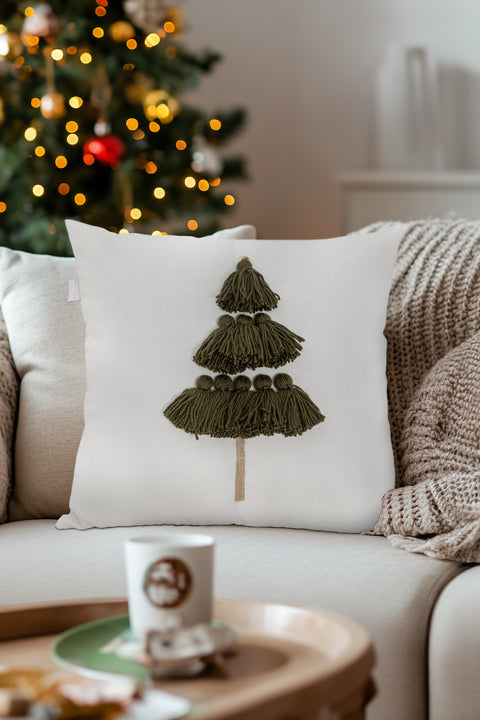 Koza Home Charm Special Tassel Stitch Pine Tree Motif Cream Cushion 45X45 35258A 45 x 45