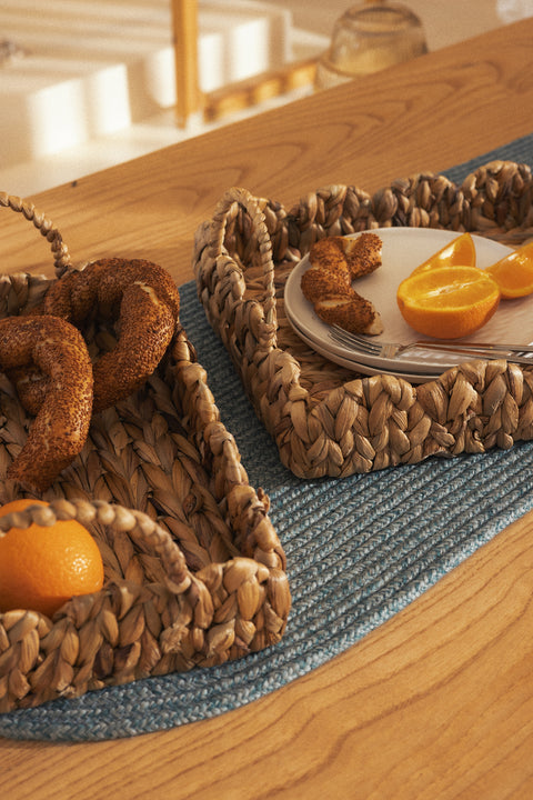 Koza Home Meander Water Hyacinth Rectangular Handled Patterned Tray Set of 2 5119