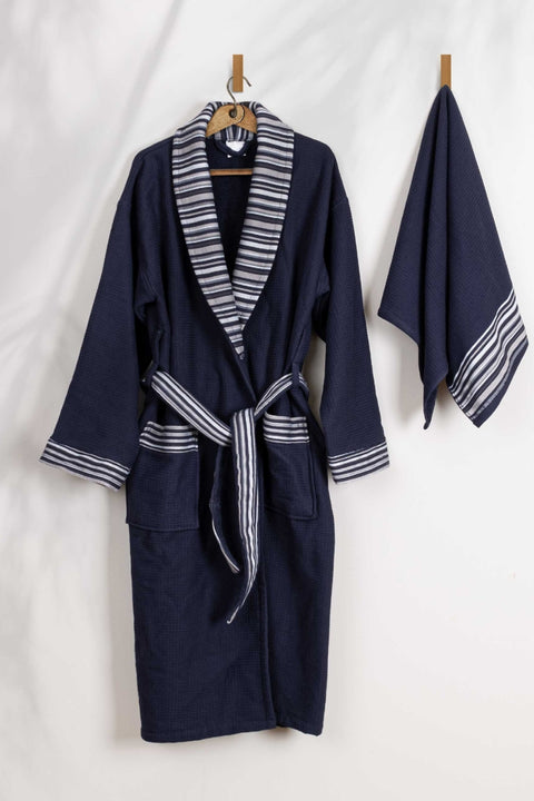 Koza Home Dowry Set Navy Blue Mini, Bathroom Set, Single Bathrobe and Towel, Foot Towel, Wicker Basket and 2 Soaps
