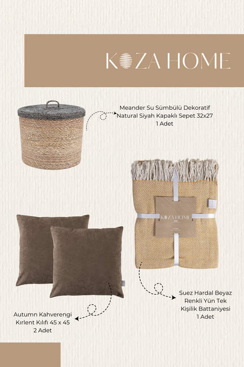 Koza Home Dowry Set Beige Mini, Living Room and Bedroom Set, Single Wool Blanket, 2 Cushions, 1 Basket