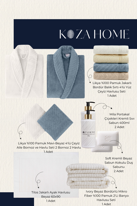 Koza Home Dowry Set, Bathroom Set, 2-Piece Bathrobe Set, 4-Piece Towel, 2-Piece Bath and Foot Towel, Liquid and Solid Soap