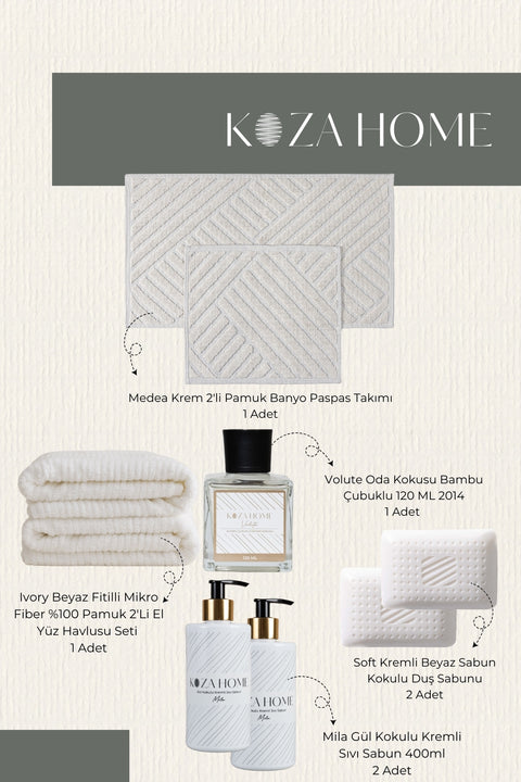 Koza Home Dowry Set, Bathroom Set, 2-Pack Mat, 2-Pack Towel, 2-Pack Liquid and Solid Soap, Bamboo Stick Room Fragrance